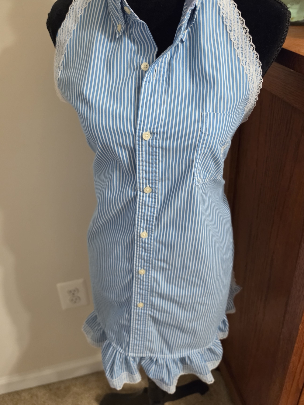Blue & White Striped Lace-Trim Button-Front Dress